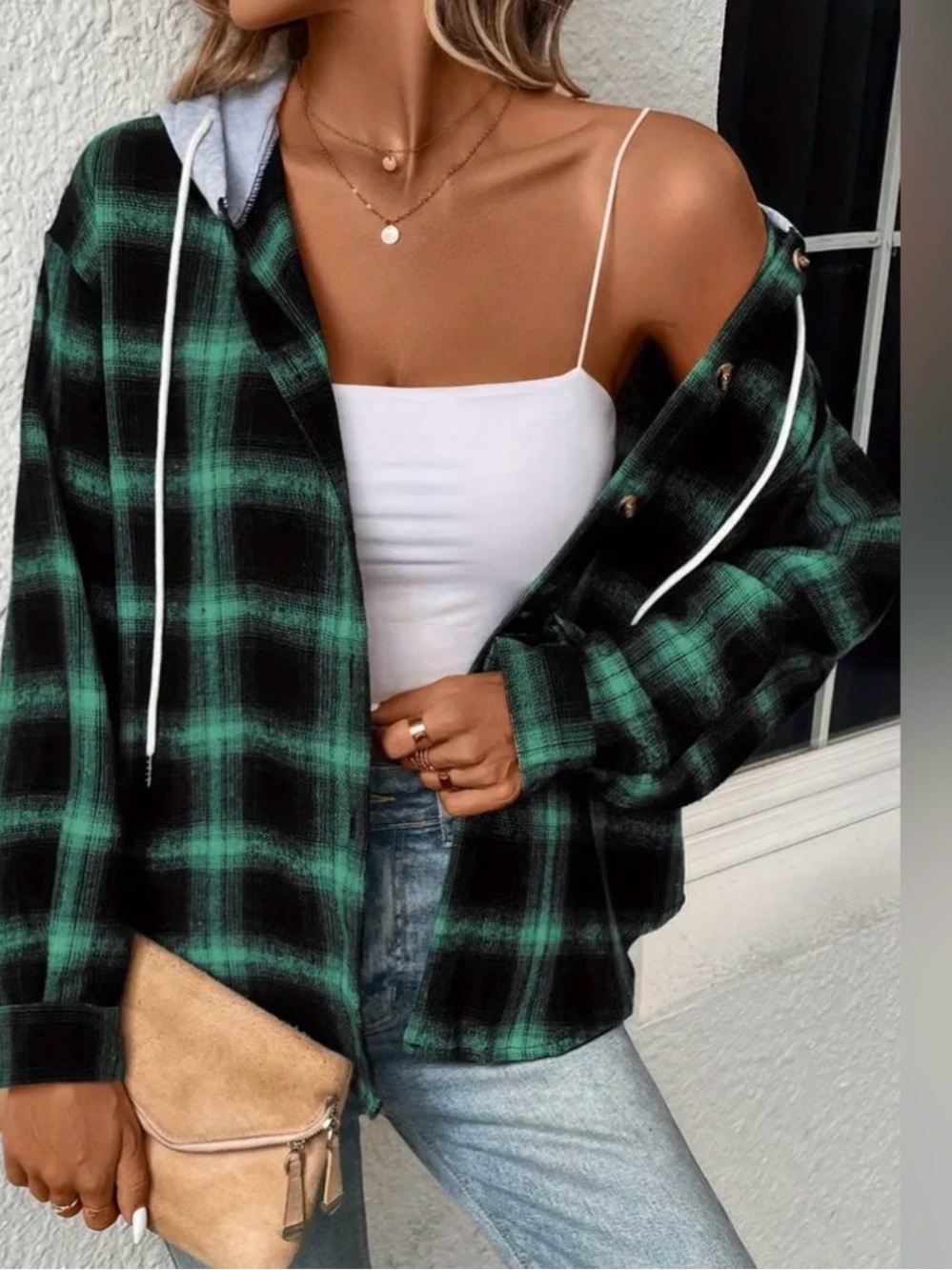 Women’s Green Black Plaid Hooded Flannel Button Down Shirt